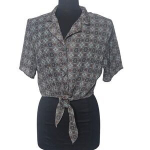 Vintage Jessica Ash Geometric Tie Front Cropped Button Up Blouse Top‎ Size M / L